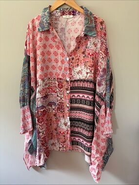 Oli & Hali Boho Patchwork Print Button Down Shirt Blouse Size XL Pink Red Black